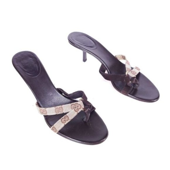 Gucci Shoes - Gucci Sandal Heel Shoe Women's 9.5 B Beige Logo Canvas Brown Suede Thong Slip on